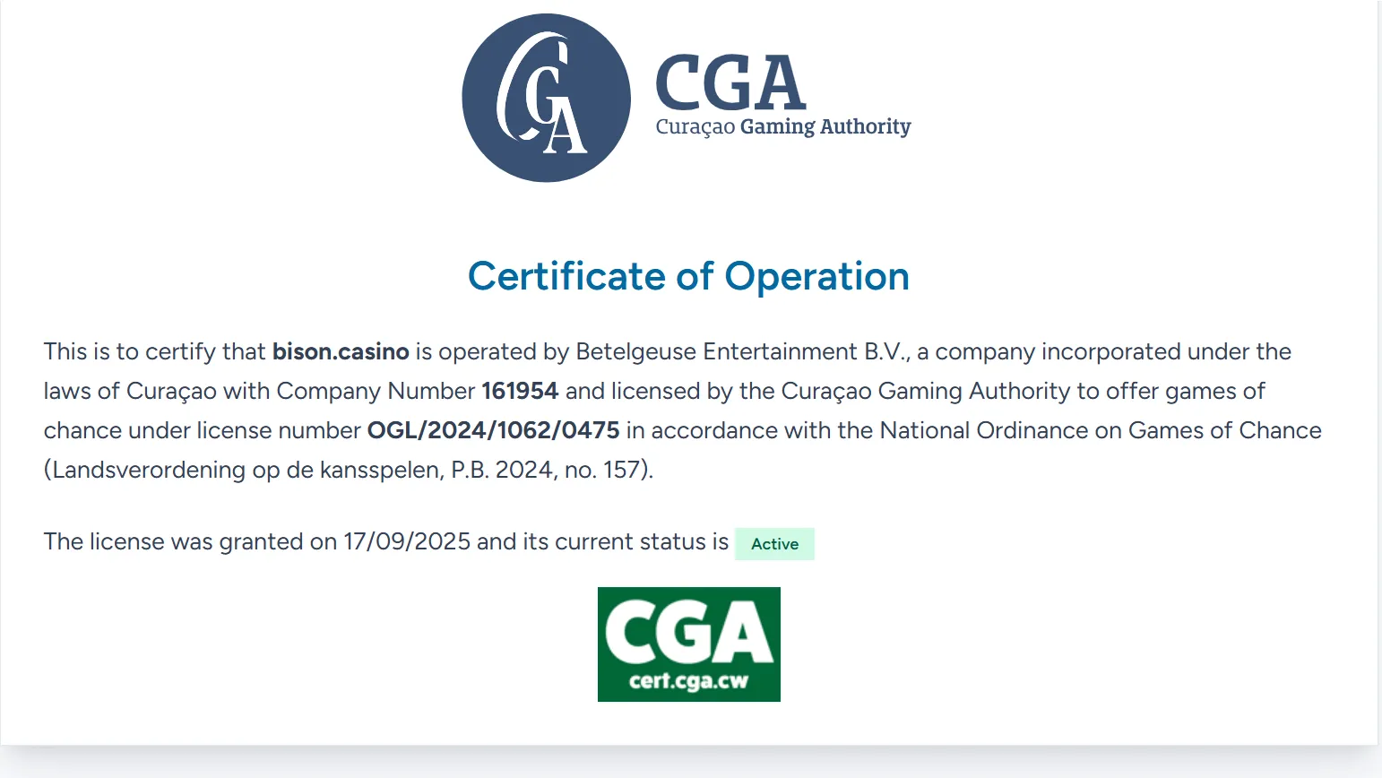 Oficjalny certyfikat Curaçao Gaming Authority dla Bison Casino