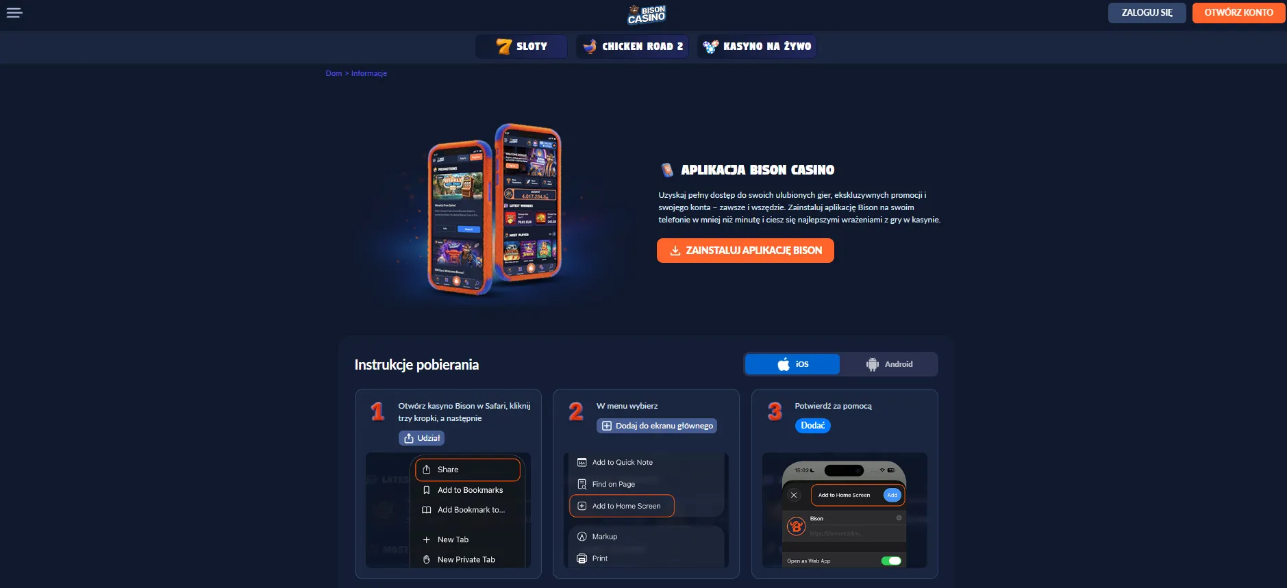 Oficjalna strona aplikacji Bison Casino z instrukcją mobilną