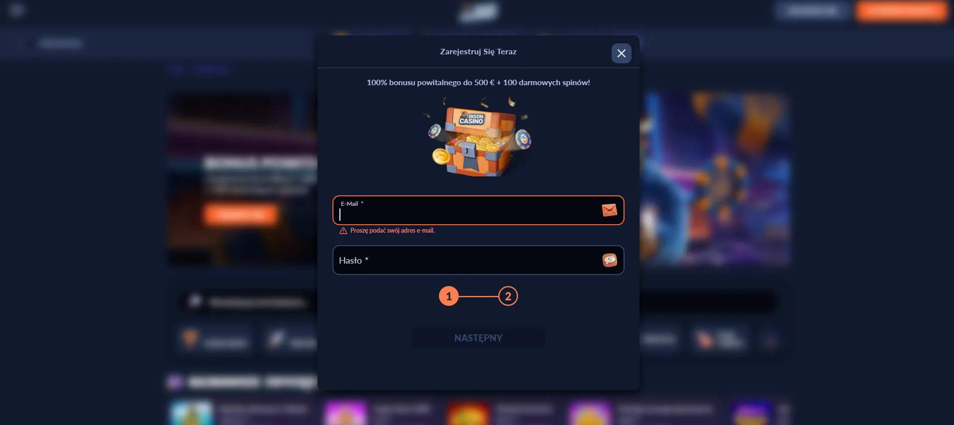 Aktualny formularz rejestracji Bison Casino bez danych użytkownika