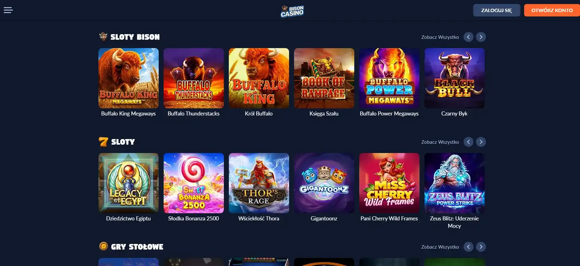 Aktualna sekcja slotów w lobby Bison Casino