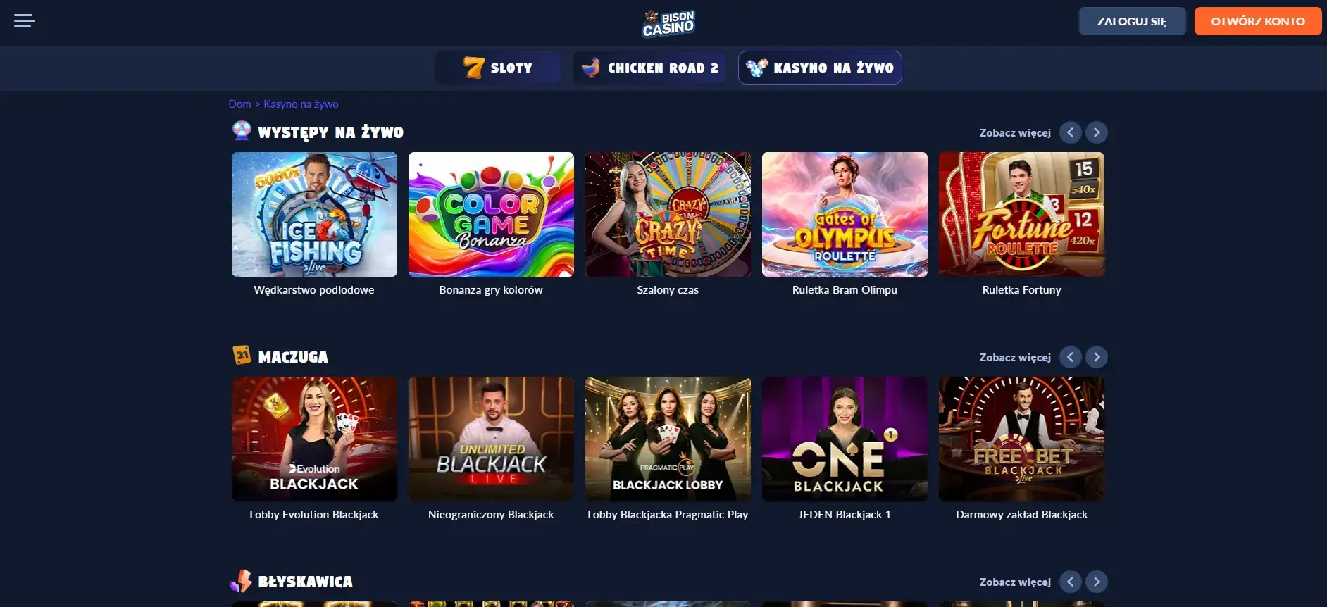 Aktualna sekcja live casino Bison z widocznymi kategoriami stołów